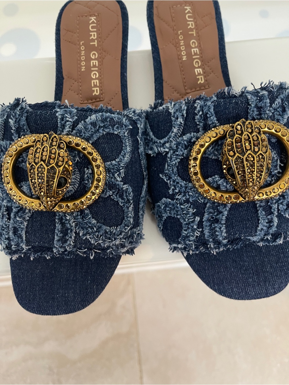 Kurt Geiger London Kensington Denim Logo Studded Flat Slide Sandals